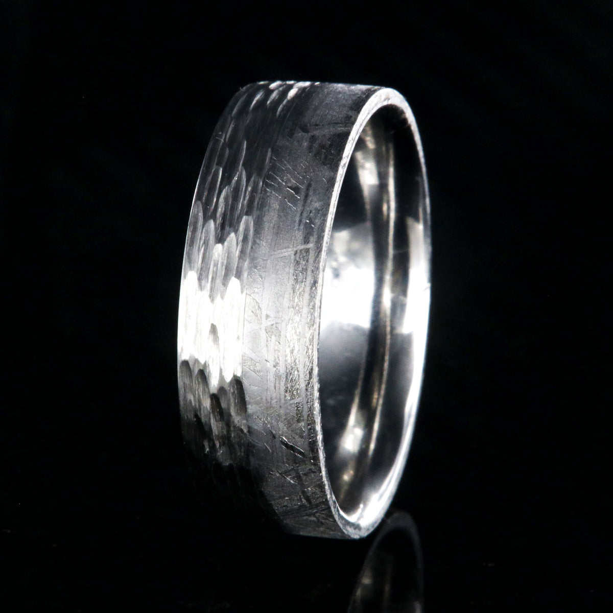 8mm wide men&#39;s wedding band with half Gibeon meteorite and half tree bark finished cobalt