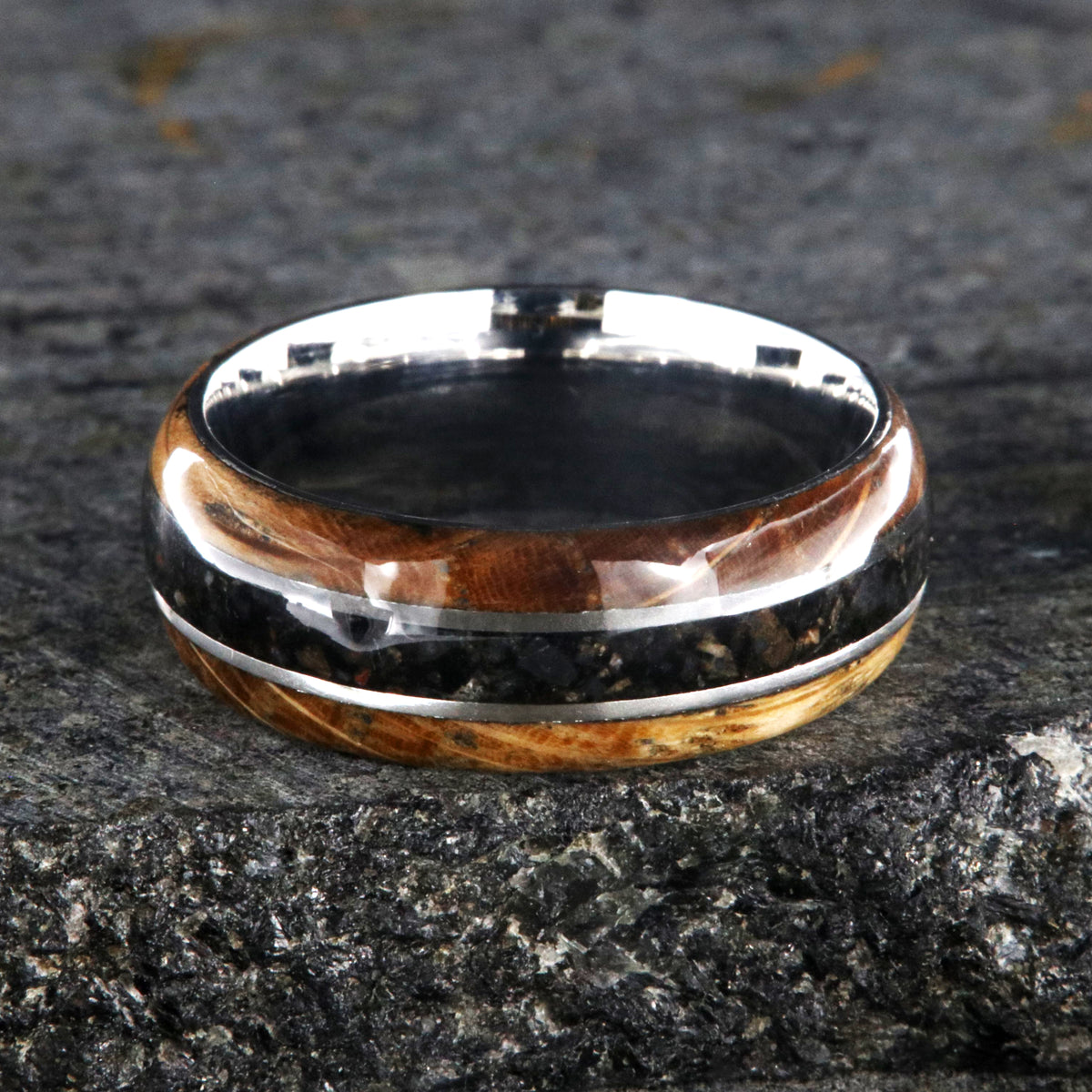 8mm wide cobalt wedding band with a center dinosaur bone inlay and whiskey barrel edges