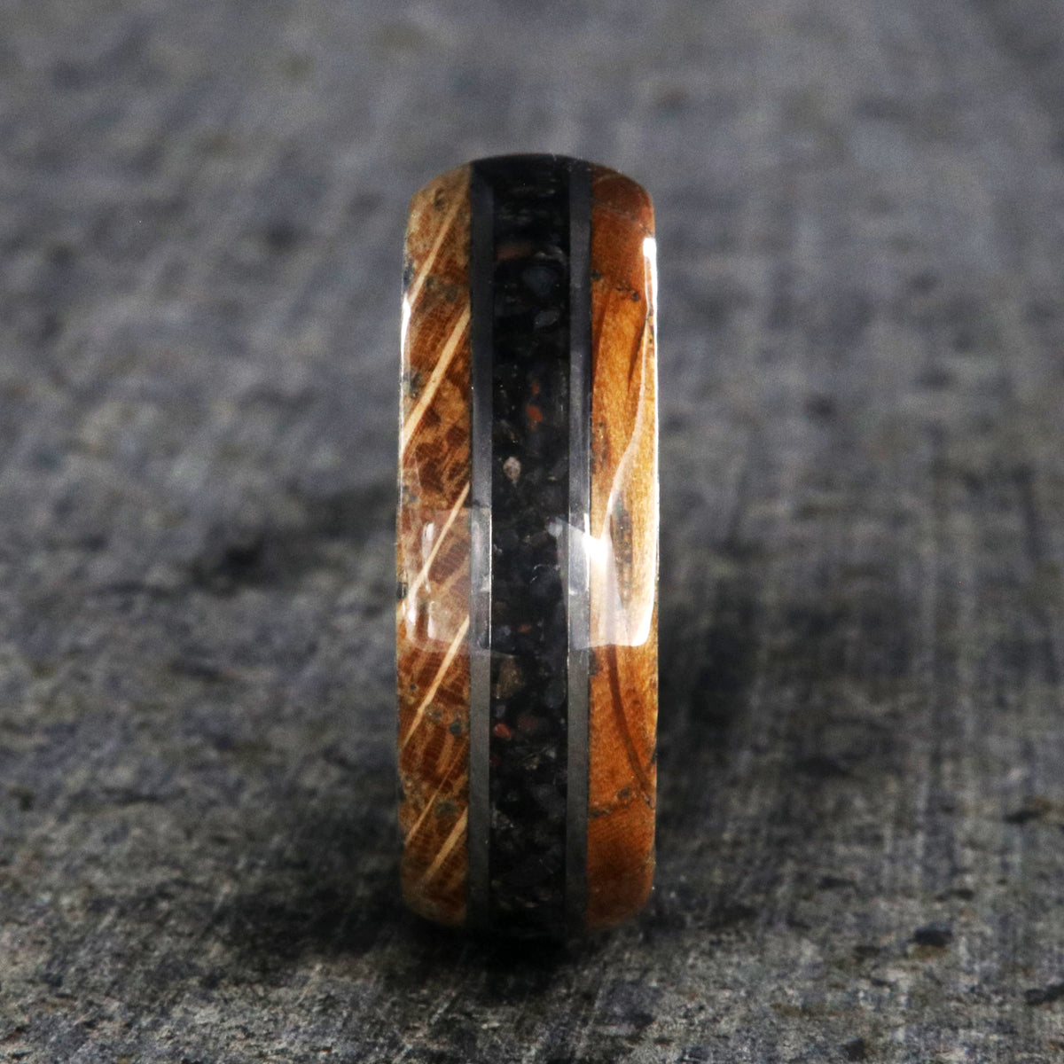 8mm wide cobalt wedding band with a center dinosaur bone inlay and whiskey barrel edges