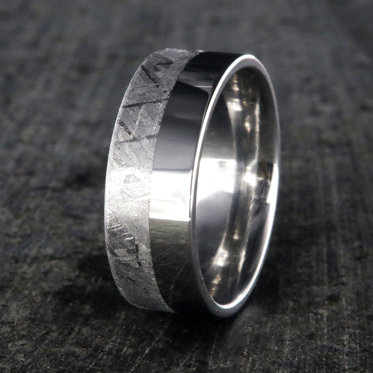 8mm wide men&#39;s wedding ring with half meteorite and half polished cobalt