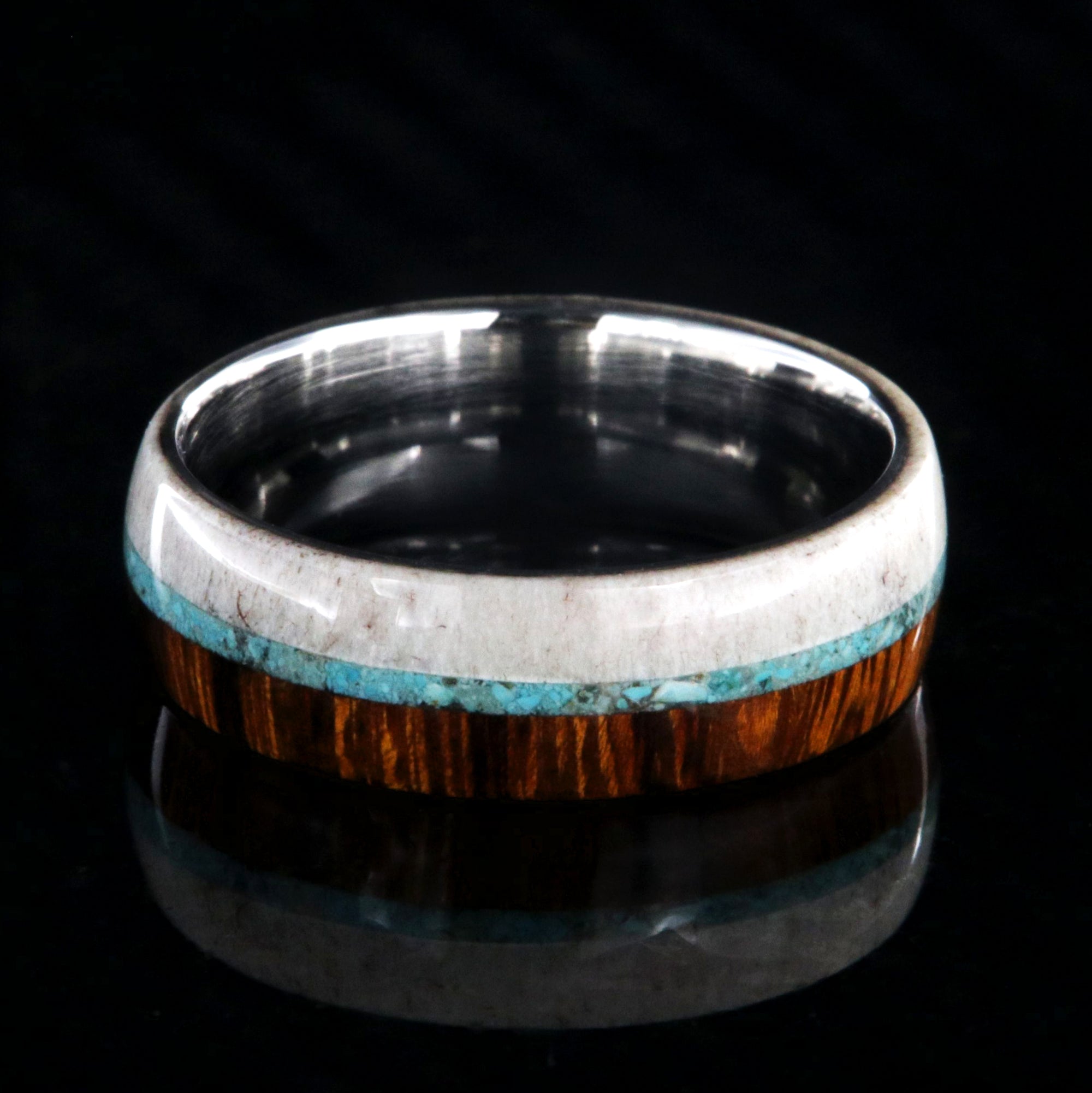 7mm wide half antler and half Arizona ironwood wedding ring with thin turquoise inlay