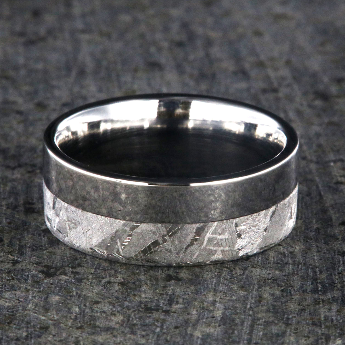 8mm wide men&#39;s wedding ring with half meteorite and half polished cobalt