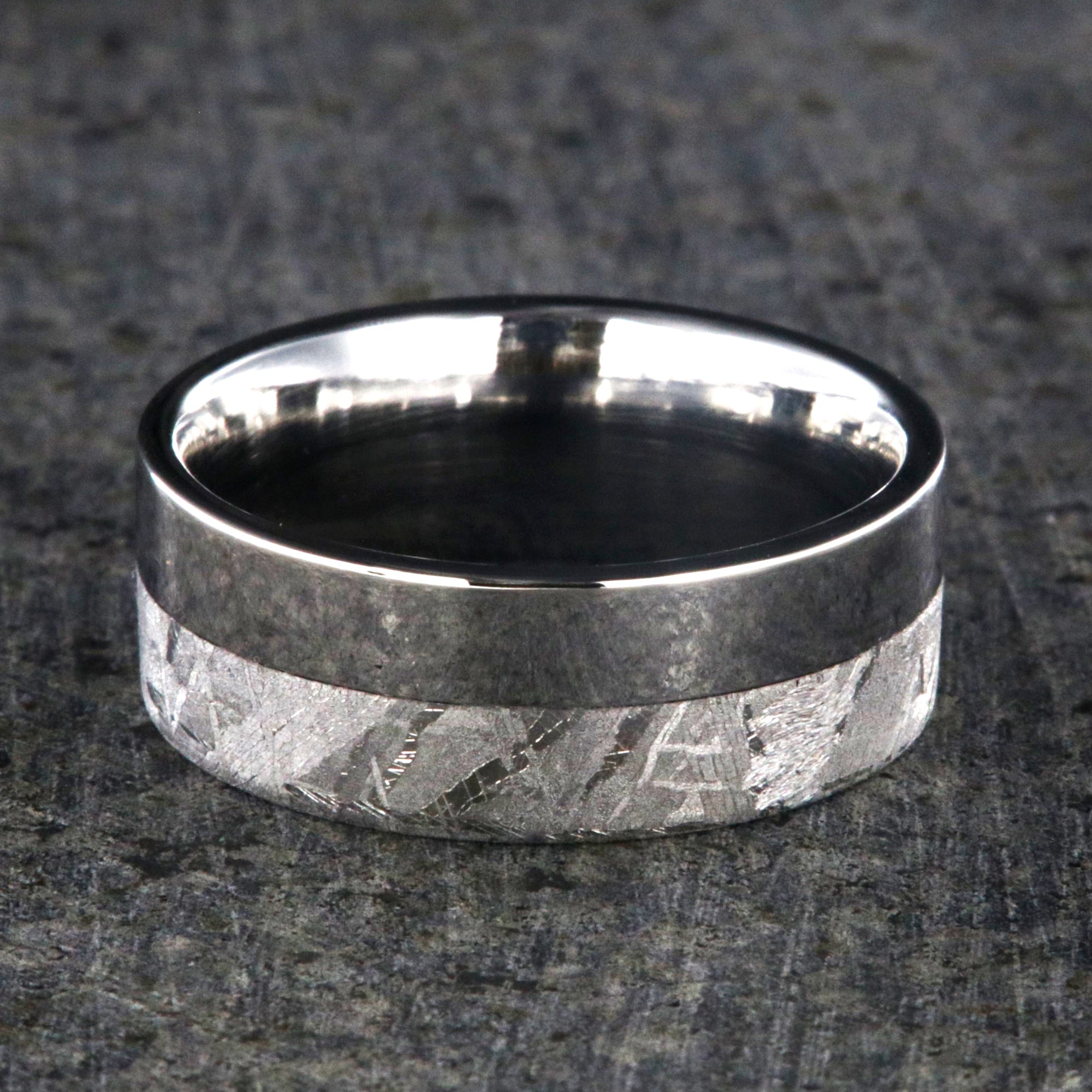 8mm wide men's wedding ring with half meteorite and half polished cobalt