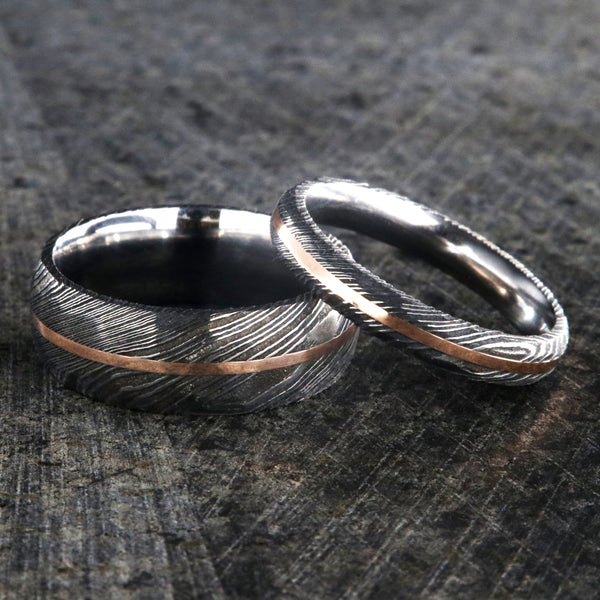 Damascus Steel Rings, 2 Piece Couple Set Damascus Steel Wedding