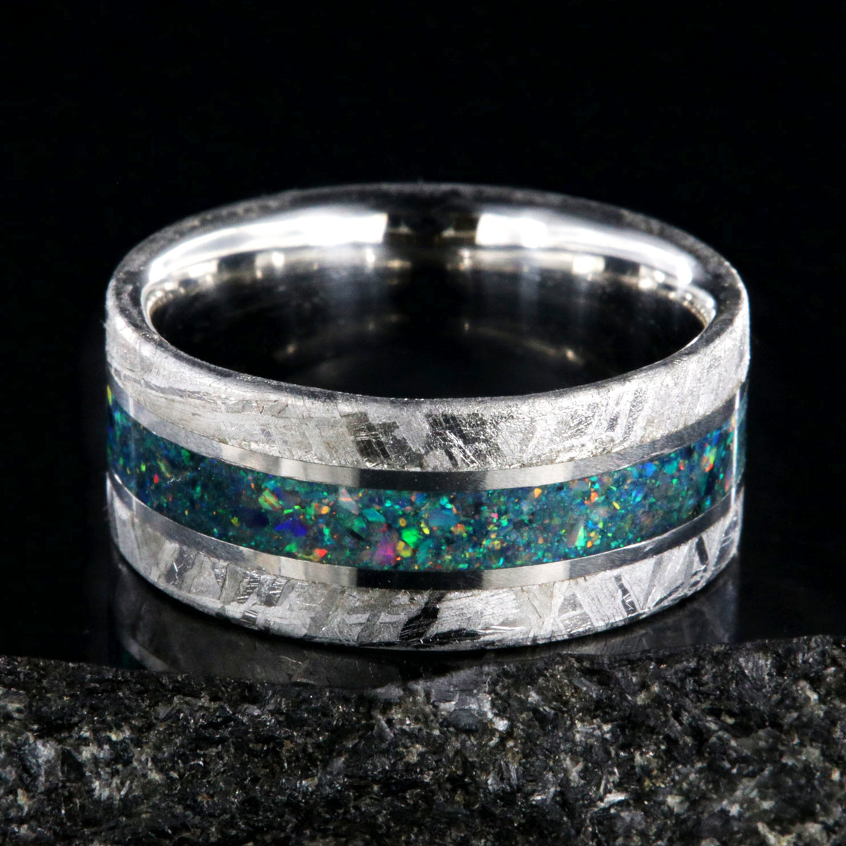 10mm wide cobalt men&#39;s wedding ring with Gibeon meteorite edges and a glacial opal inlay