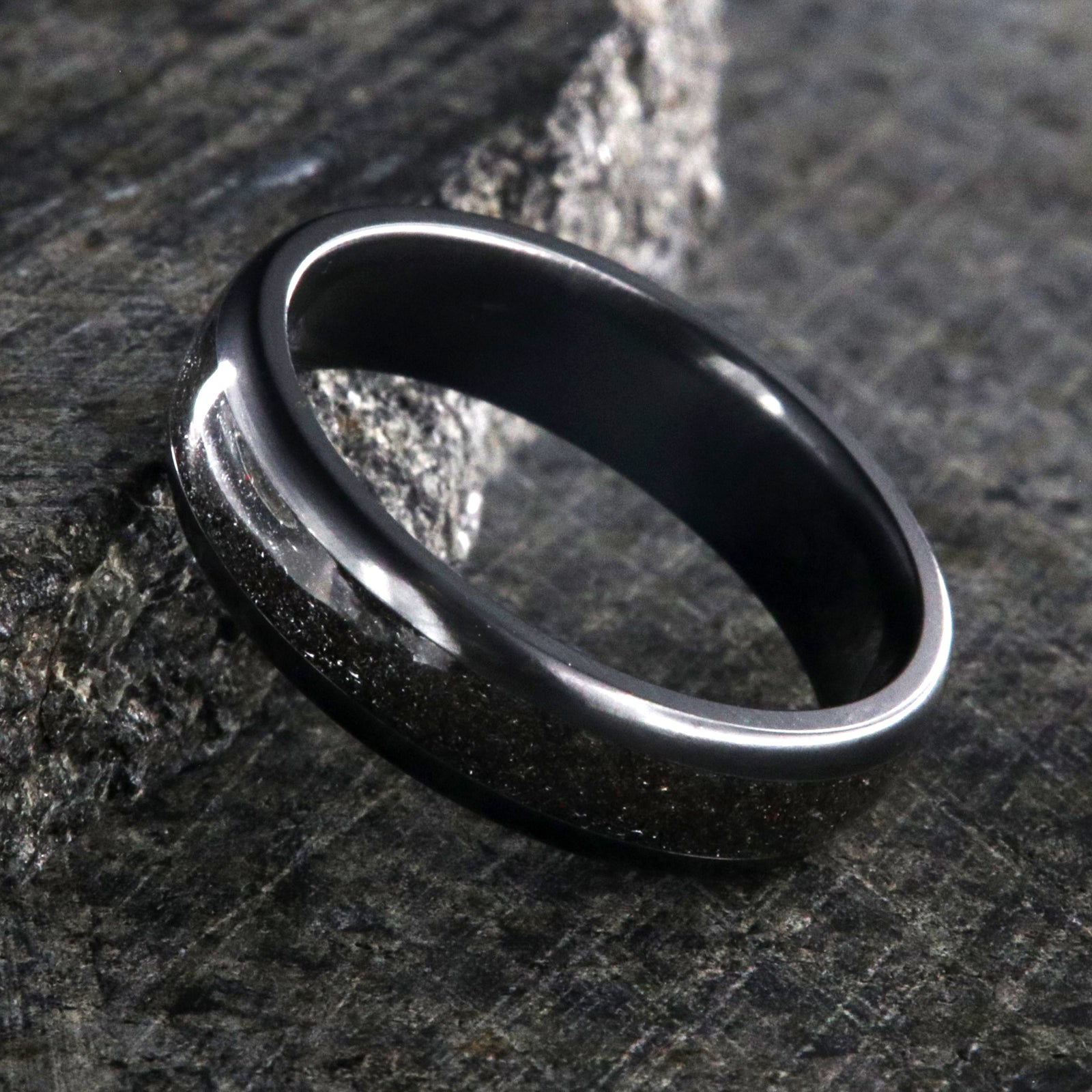 6mm wide stardust ring set with black zirconium edges and sleeve