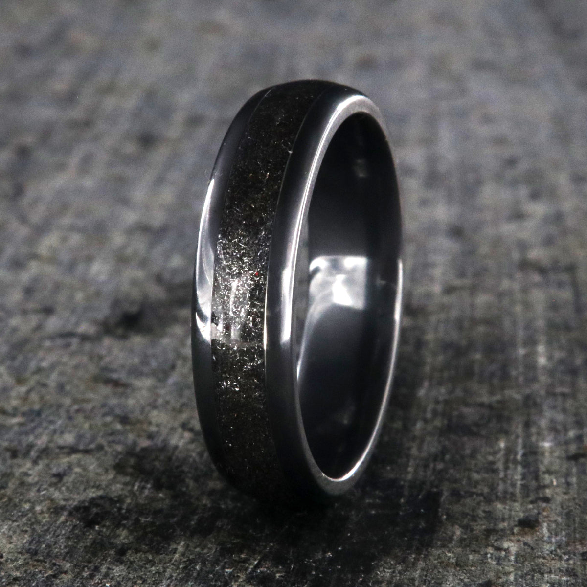 6mm wide stardust ring set with black zirconium edges and sleeve