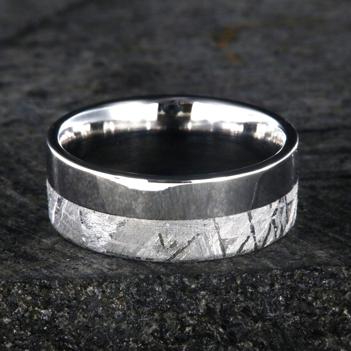 8mm wide men&#39;s wedding ring with half meteorite and half polished cobalt