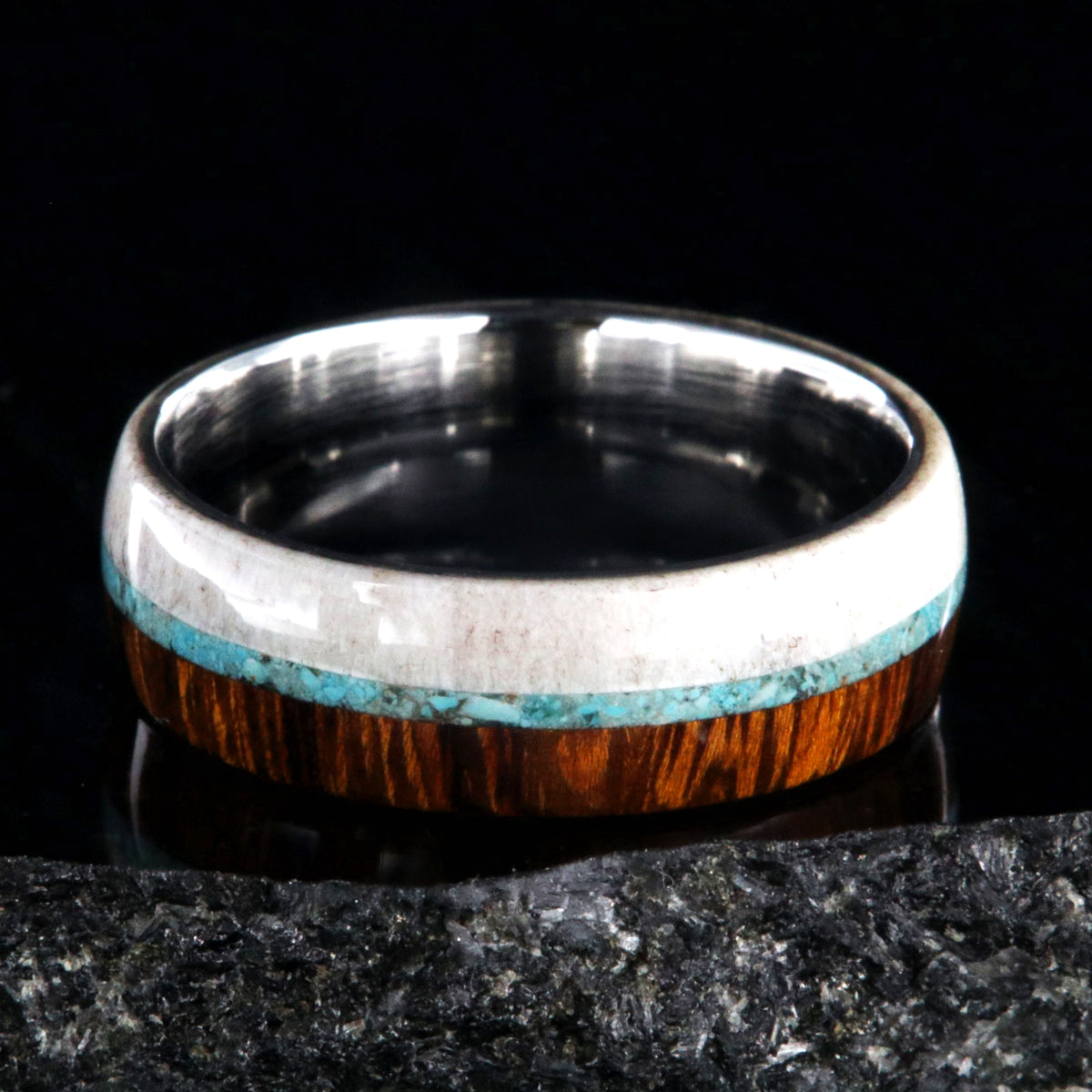 7mm wide half antler and half Arizona ironwood wedding ring with thin turquoise inlay