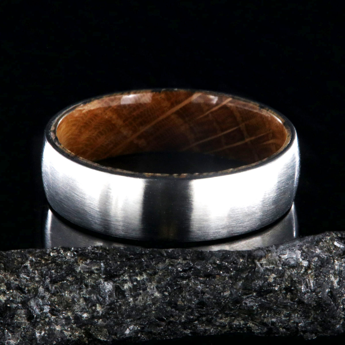 6mm wide cobalt wedding band with a brushed finish and a whiskey barrel sleeve