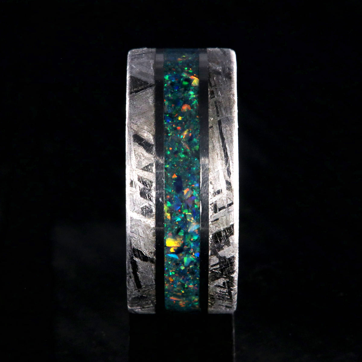 10mm wide cobalt men&#39;s wedding ring with Gibeon meteorite edges and a glacial opal inlay
