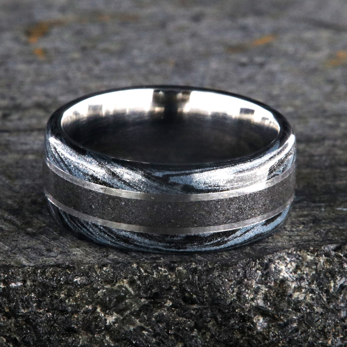 9mm wide stardust center ring with blue and black swirled cobaltium mokume edges