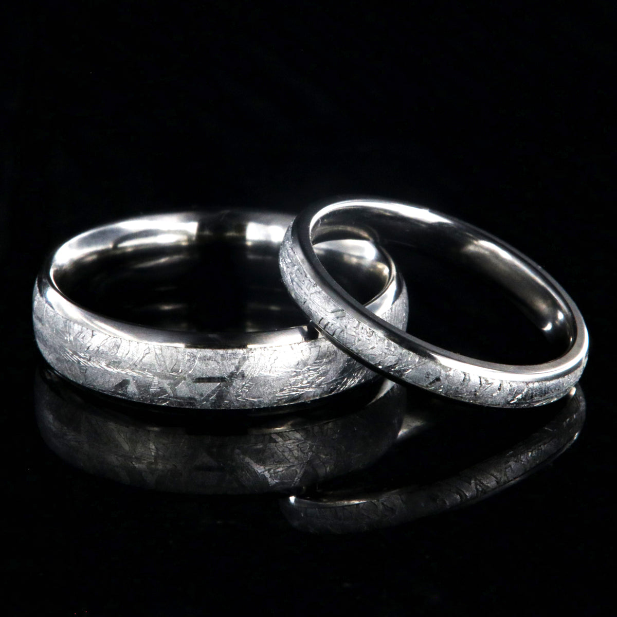 6mm and 3mm wide matching meteorite wedding band set, rounded profile with titanium edges and sleeve