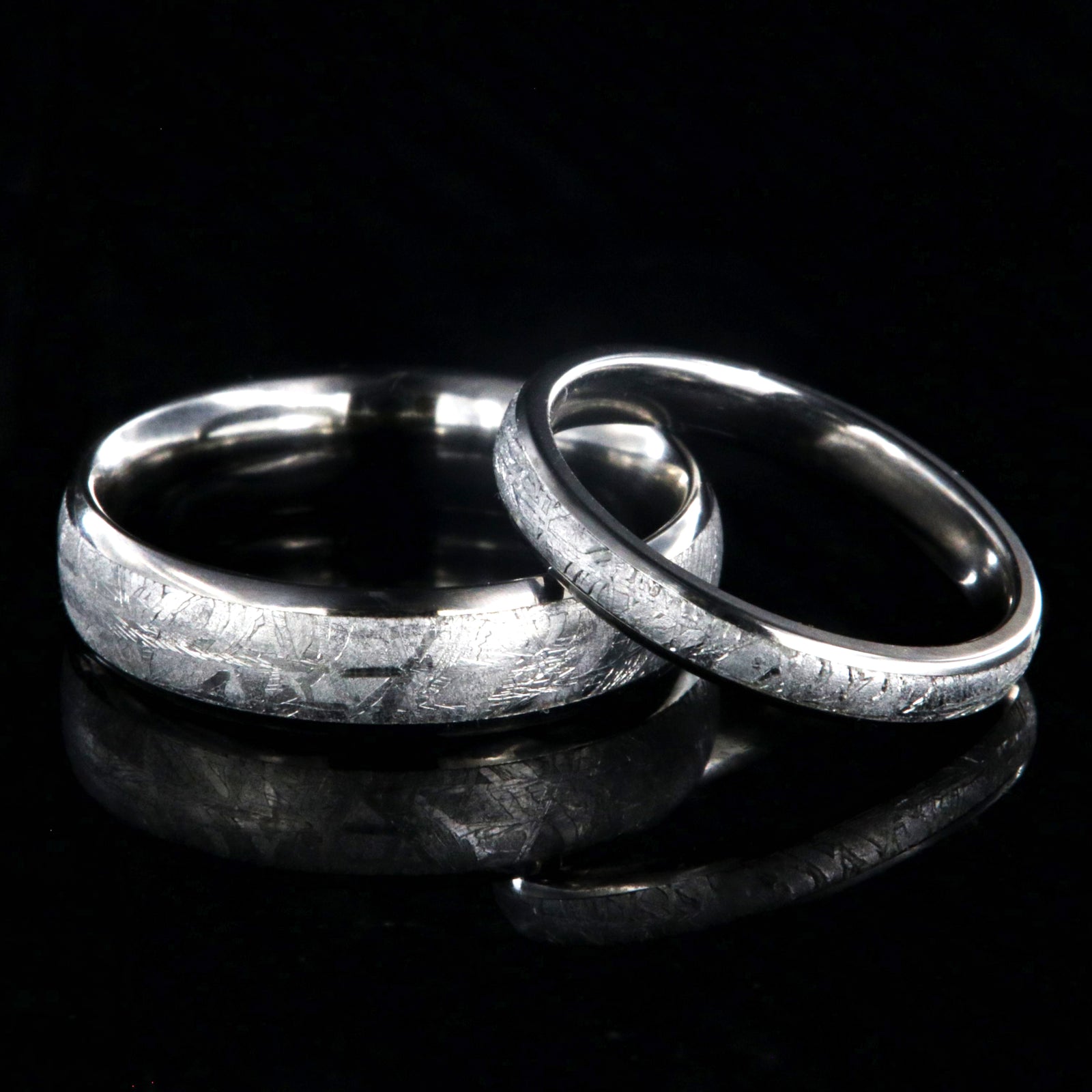 6mm and 3mm wide matching meteorite wedding band set, rounded profile with titanium edges and sleeve