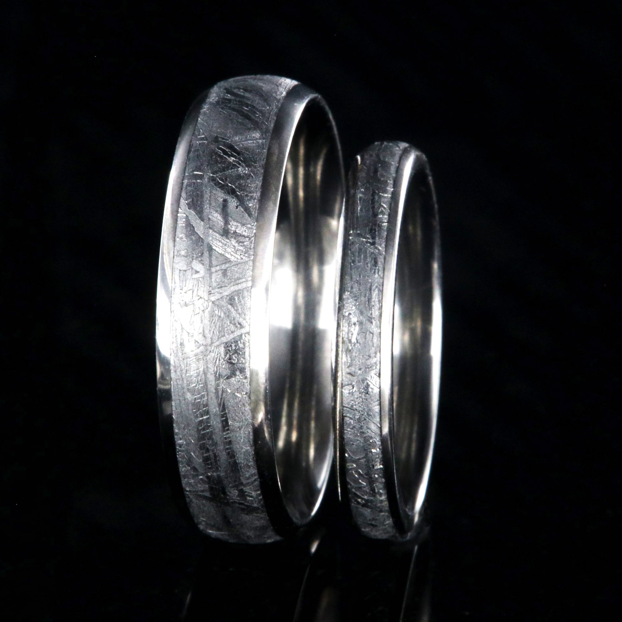 6mm and 3mm wide matching meteorite wedding band set, rounded profile with titanium edges and sleeve