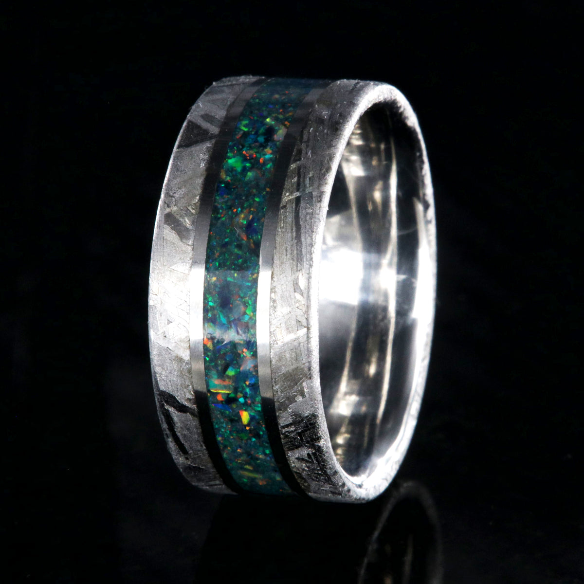 10mm wide cobalt men&#39;s wedding ring with Gibeon meteorite edges and a glacial opal inlay