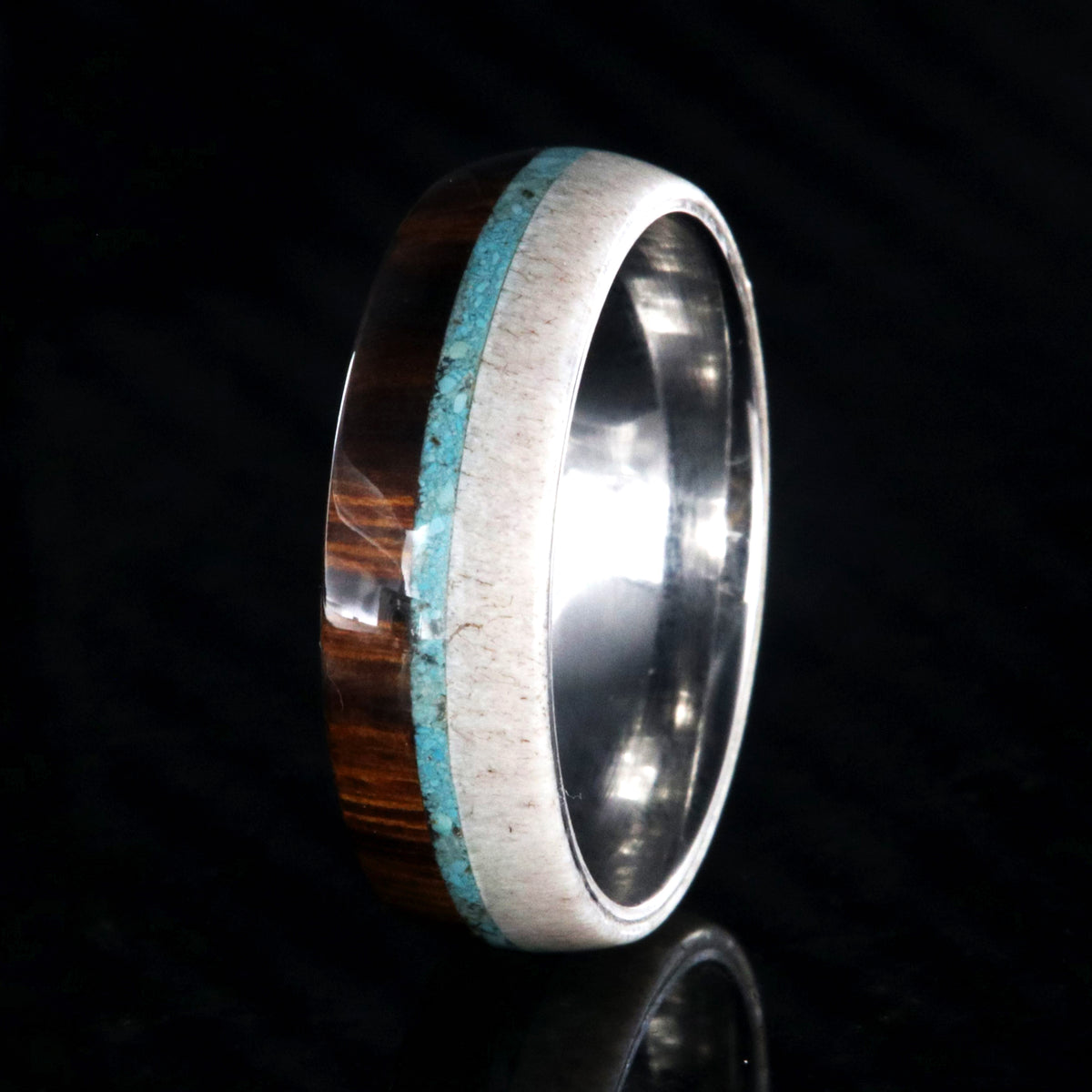 7mm wide half antler and half Arizona ironwood wedding ring with thin turquoise inlay