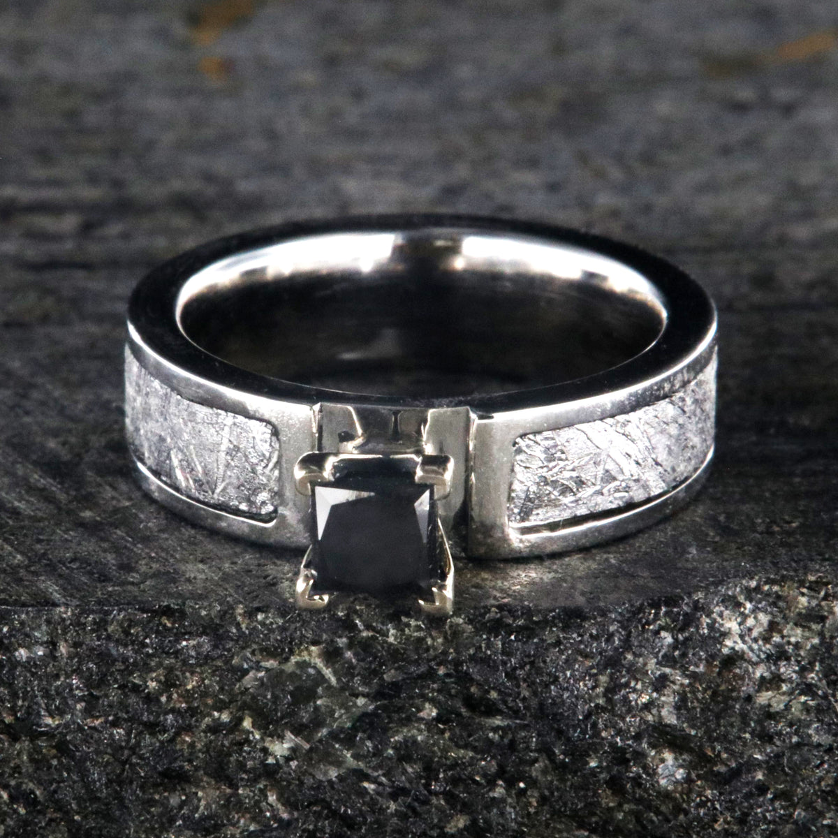 6mm wide meteorite engagement ring with princess cut black diamond