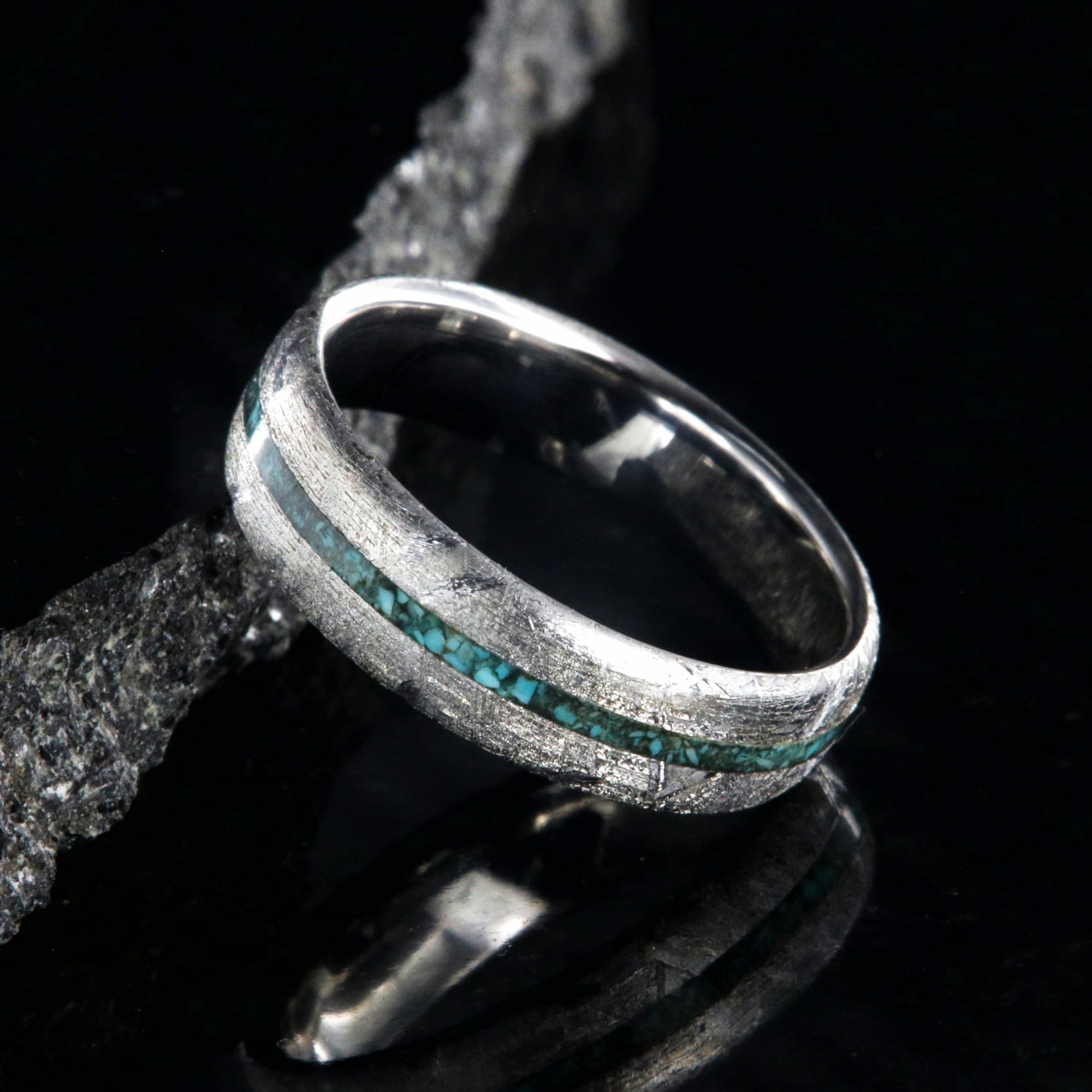 6mm wide meteorite ring with thin center turquoise inlay