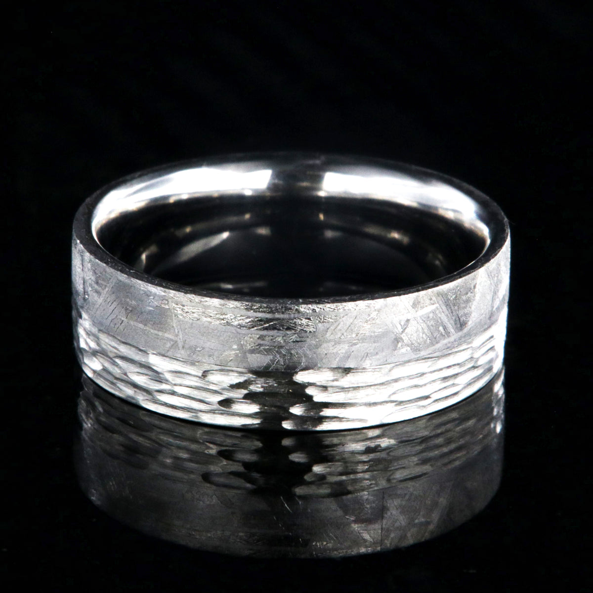 8mm wide men&#39;s wedding band with half Gibeon meteorite and half tree bark finished cobalt