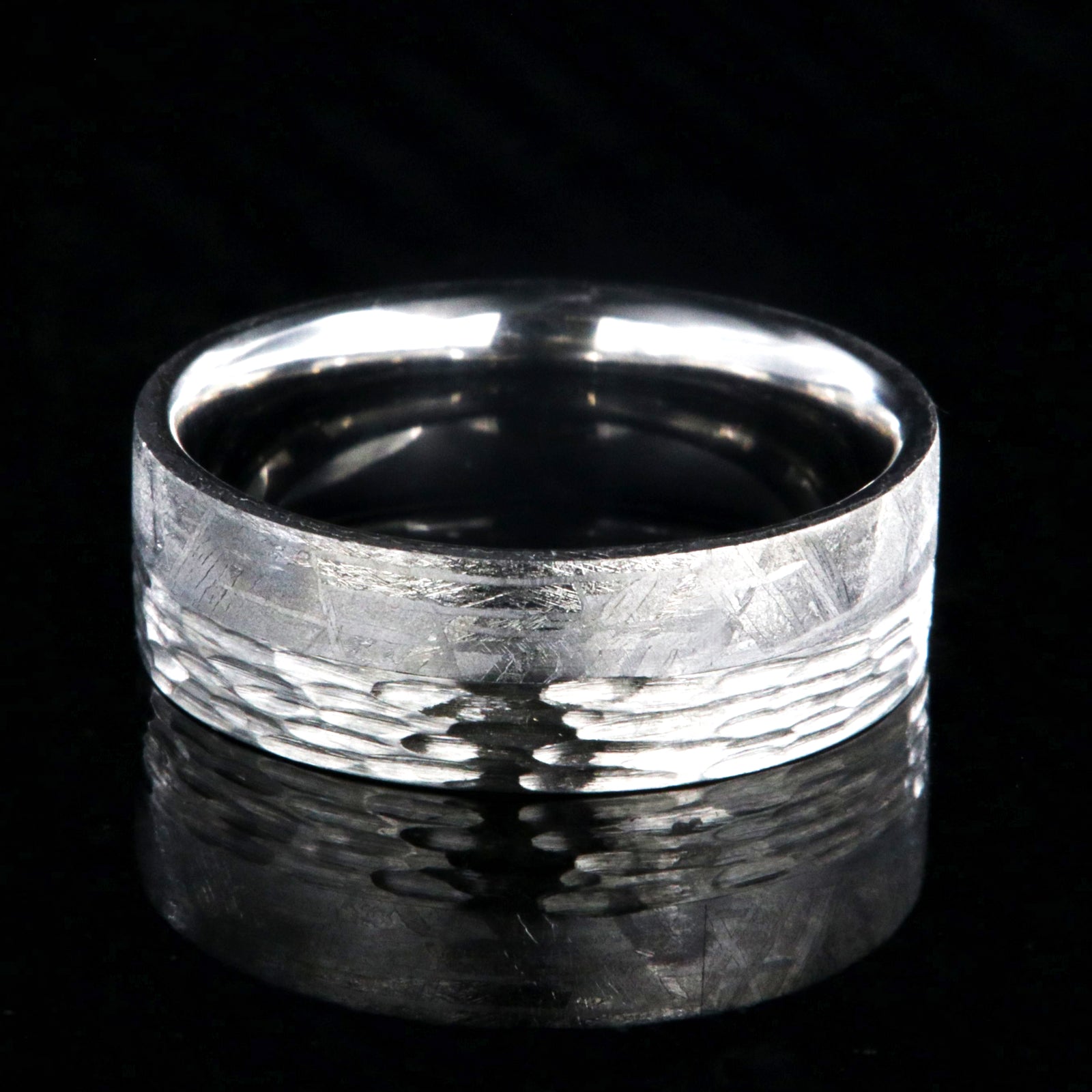 8mm wide men's wedding band with half Gibeon meteorite and half tree bark finished cobalt