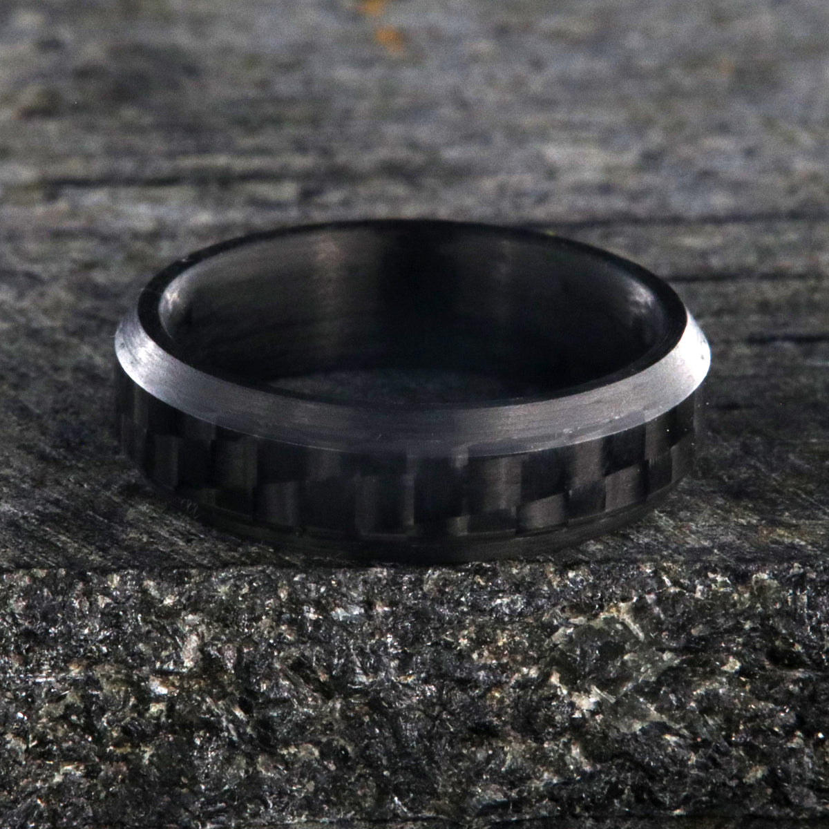 6mm wide black carbon fiber ring with beveled edges