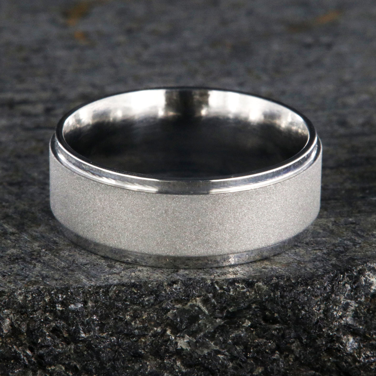 8mm wide cobalt wedding band with a raised-center and sandblasted finish
