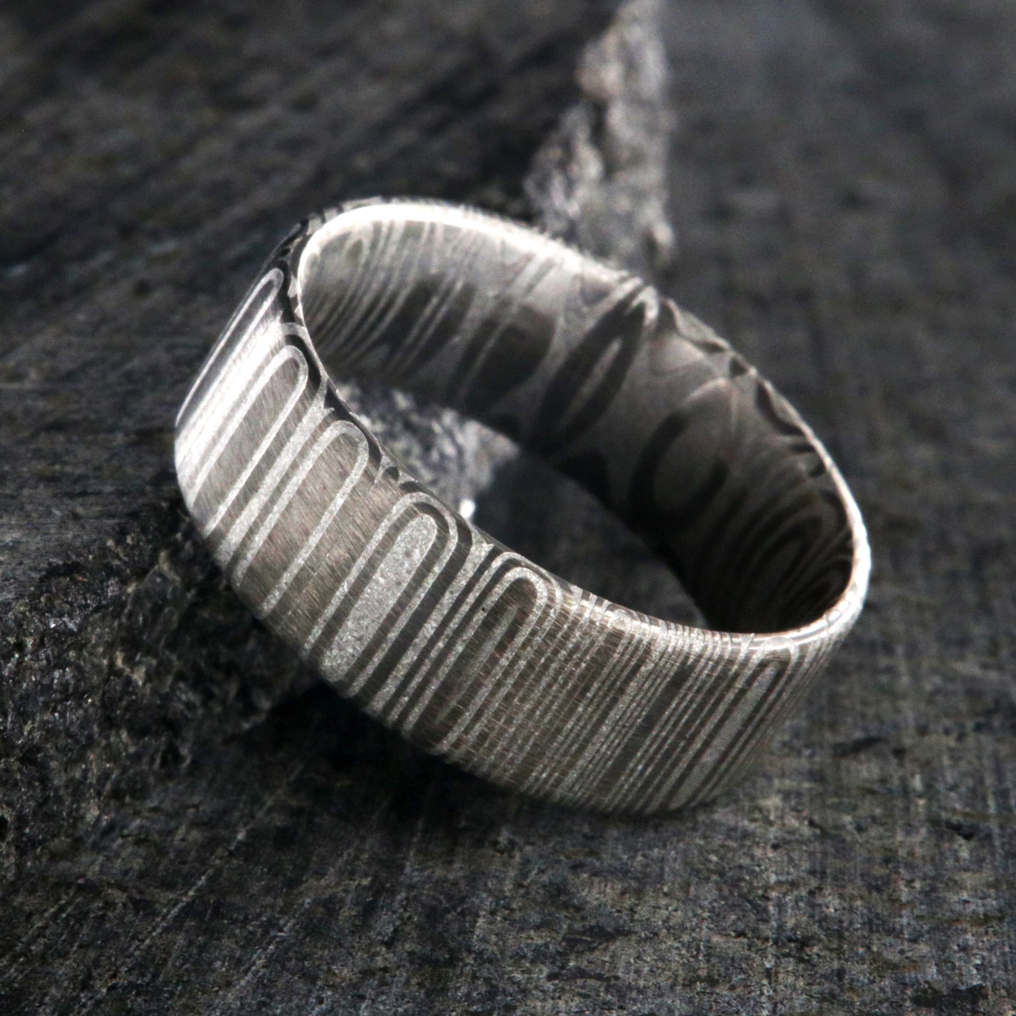 8mm wide Damascus steel wedding band with flat profile