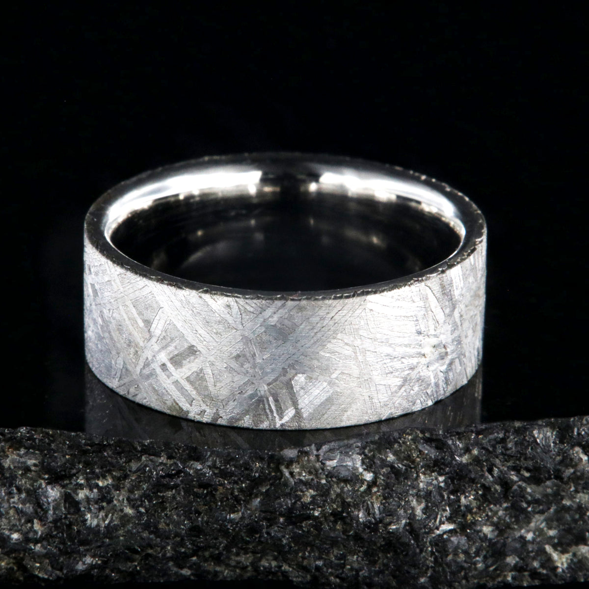 8mm wide Muonionalusta meteorite wedding band for me with flat profile and polished cobalt sleeve