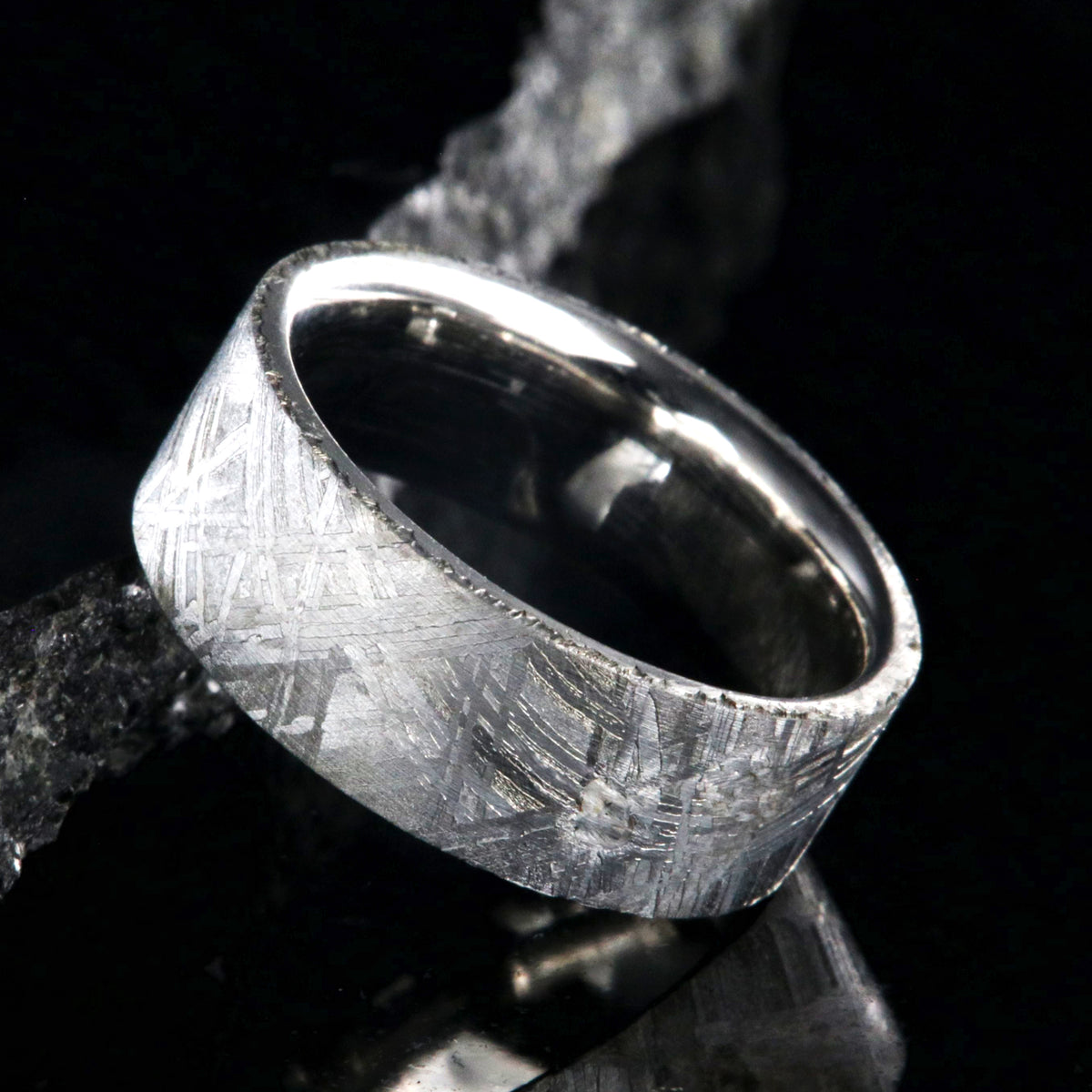 8mm wide Muonionalusta meteorite wedding band for me with flat profile and polished cobalt sleeve