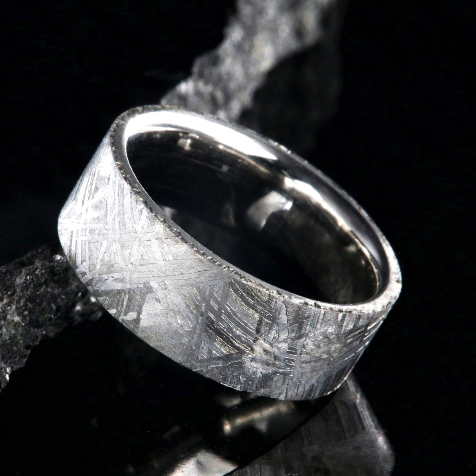 8mm wide Muonionalusta meteorite wedding band for me with flat profile and polished cobalt sleeve