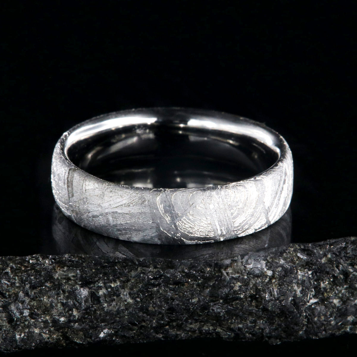 6mm wide meteorite ring made with Muonionalusta meteorite and a polished cobalt sleeve
