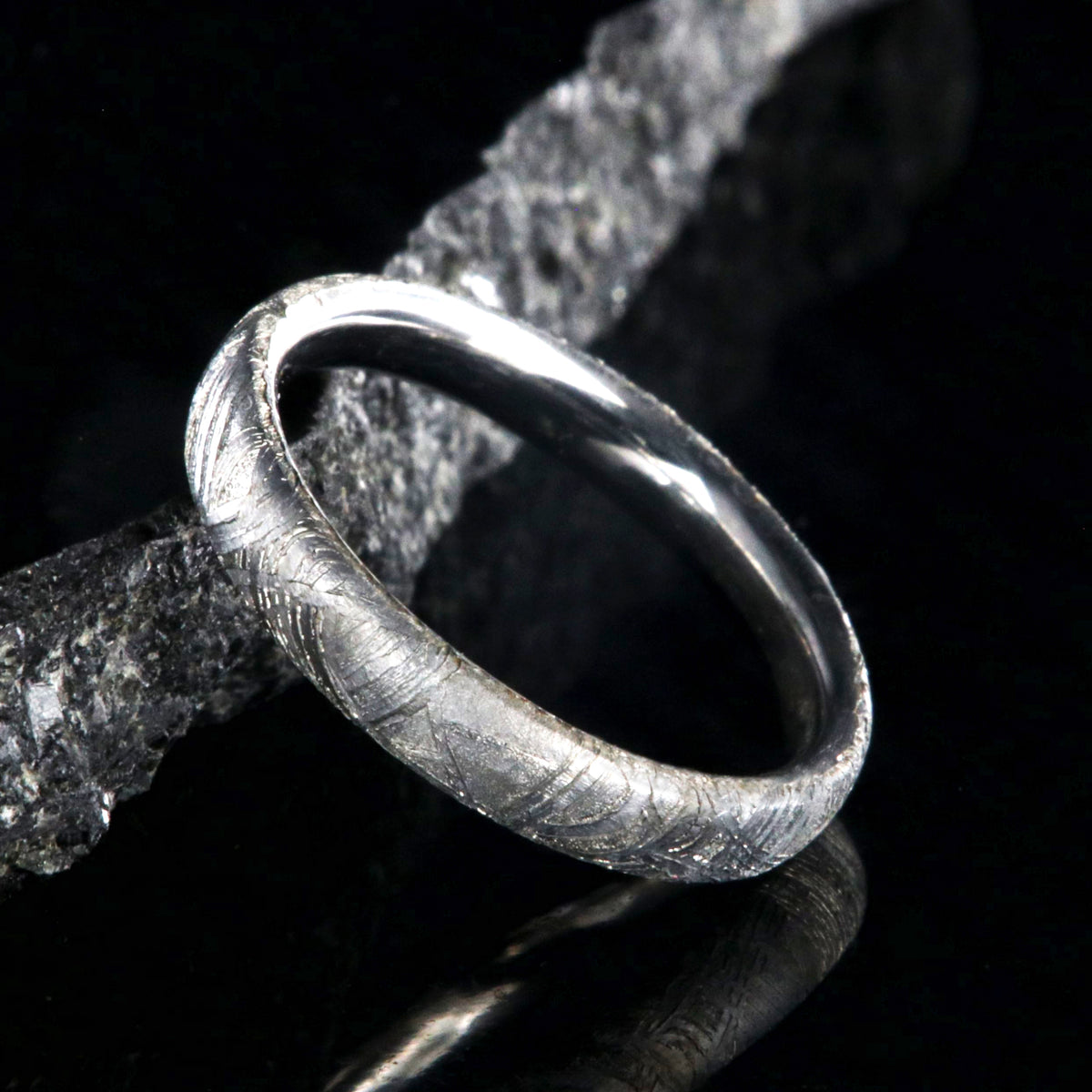 3mm wide women&#39;s meteorite wedding band with cobalt sleeve and rounded profile