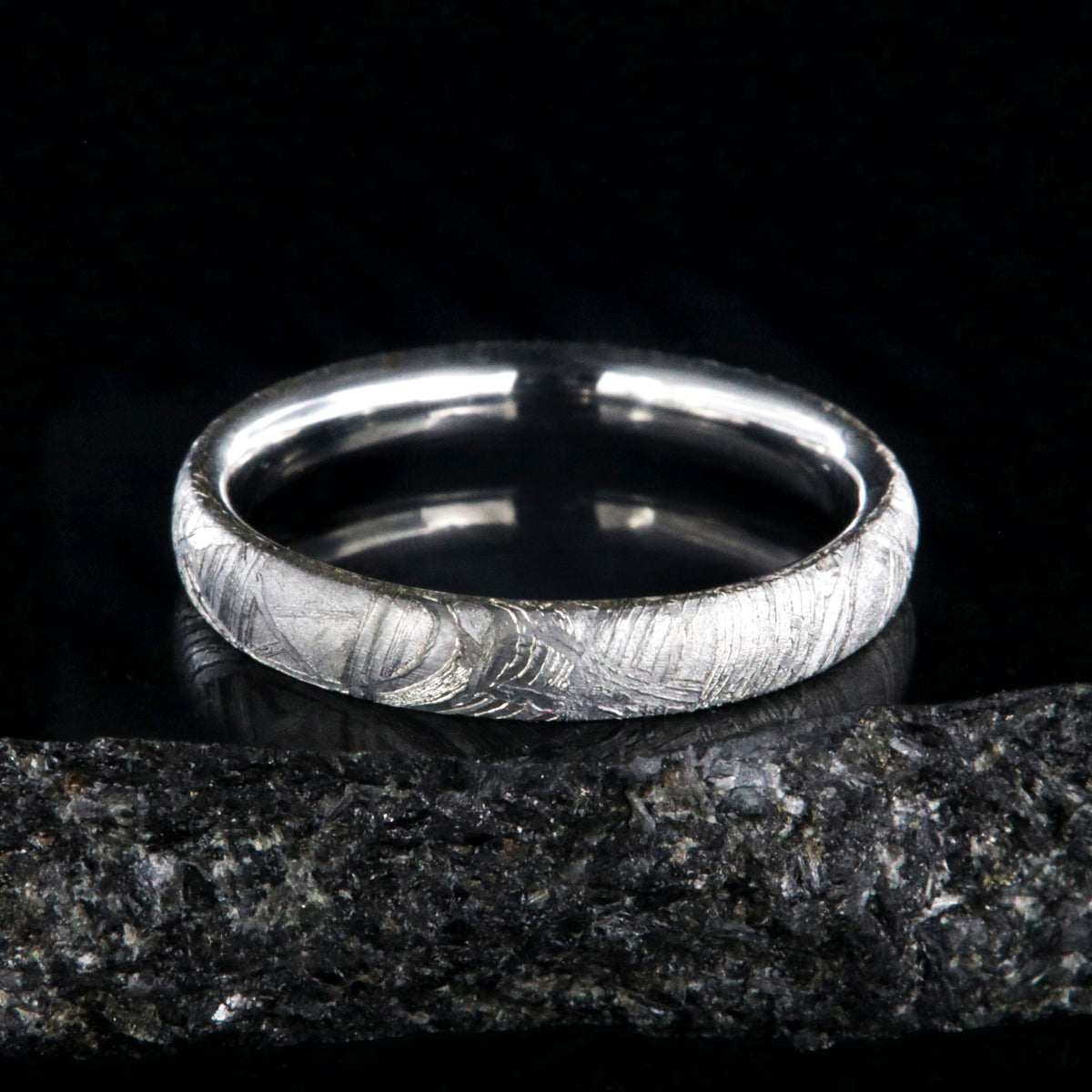 3mm wide women&#39;s meteorite wedding band with cobalt sleeve and rounded profile