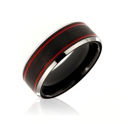 8mm wide black tungsten ring with a brushed center and dual red edges and beveled edges