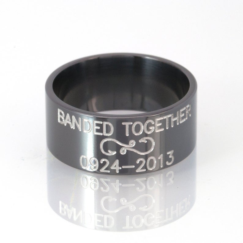 10mm wide black zirconium duck band with two-tone text, a line of text above and below an infinity hook design