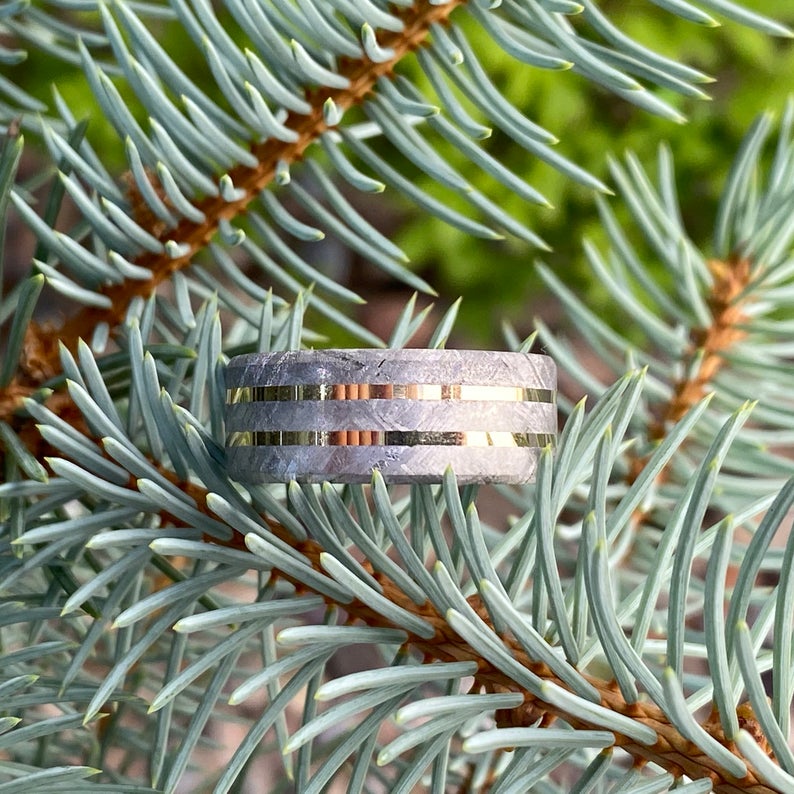 10mm wide cobalt wedding band with Gibeon meteorite and dual yellow gold inlays