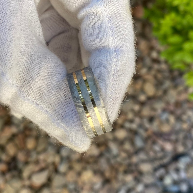 10mm wide cobalt wedding band with Gibeon meteorite and dual yellow gold inlays held by white gloved hand