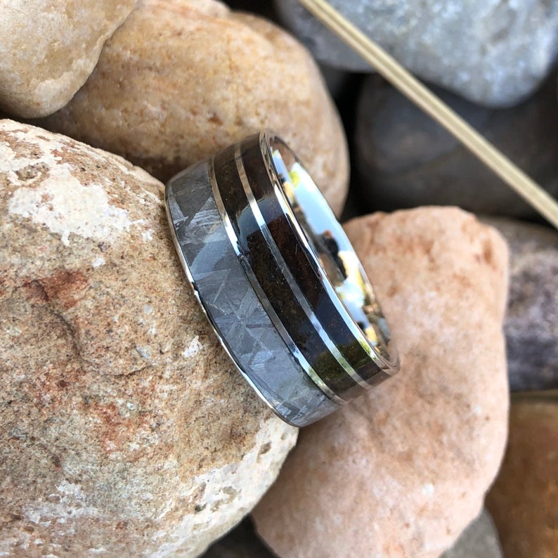 10mm wide men&#39;s wedding band with half of the ring covered in Gibeon meteorite and the other half is a double Tyrannosaurus rex fossil inlays