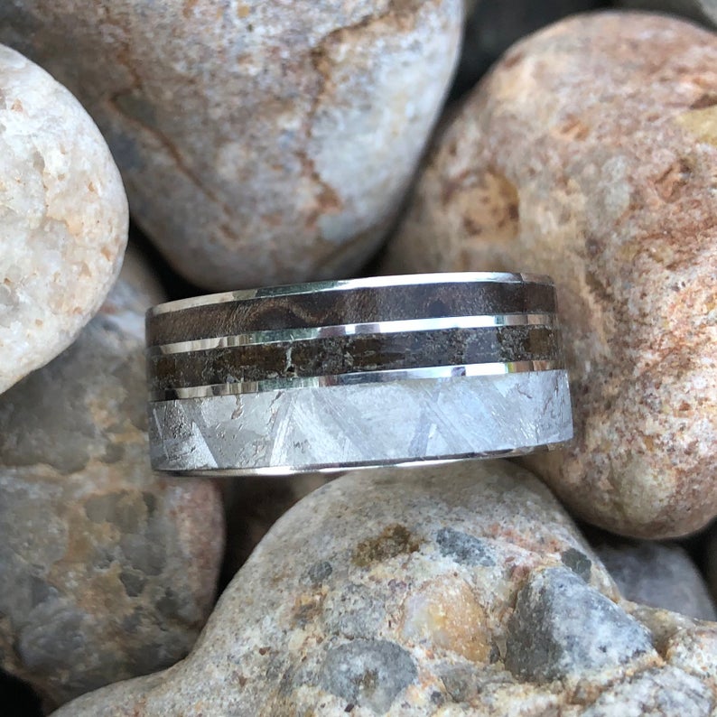 10mm wide men's wedding band with a wide Gibeon meteorite edge, a thin dinosaur bone fossil inlay, and thin redwood edge