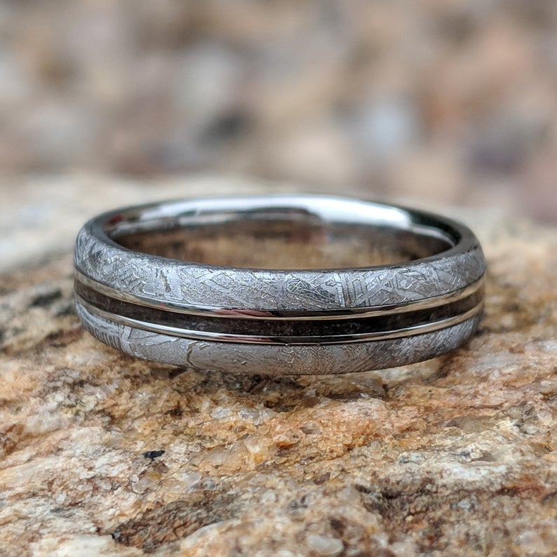 5mm wide Gibeon meteorite wedding band with a dark dinosaur bone inlay