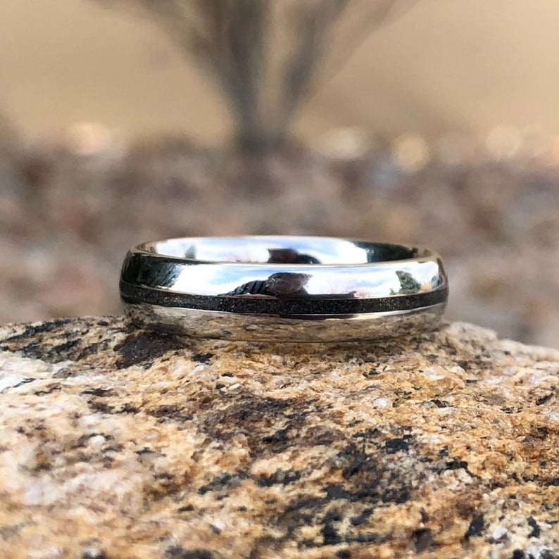 5mm wide women's stardust ring with polished cobalt edges and a thin black stardust center inlay