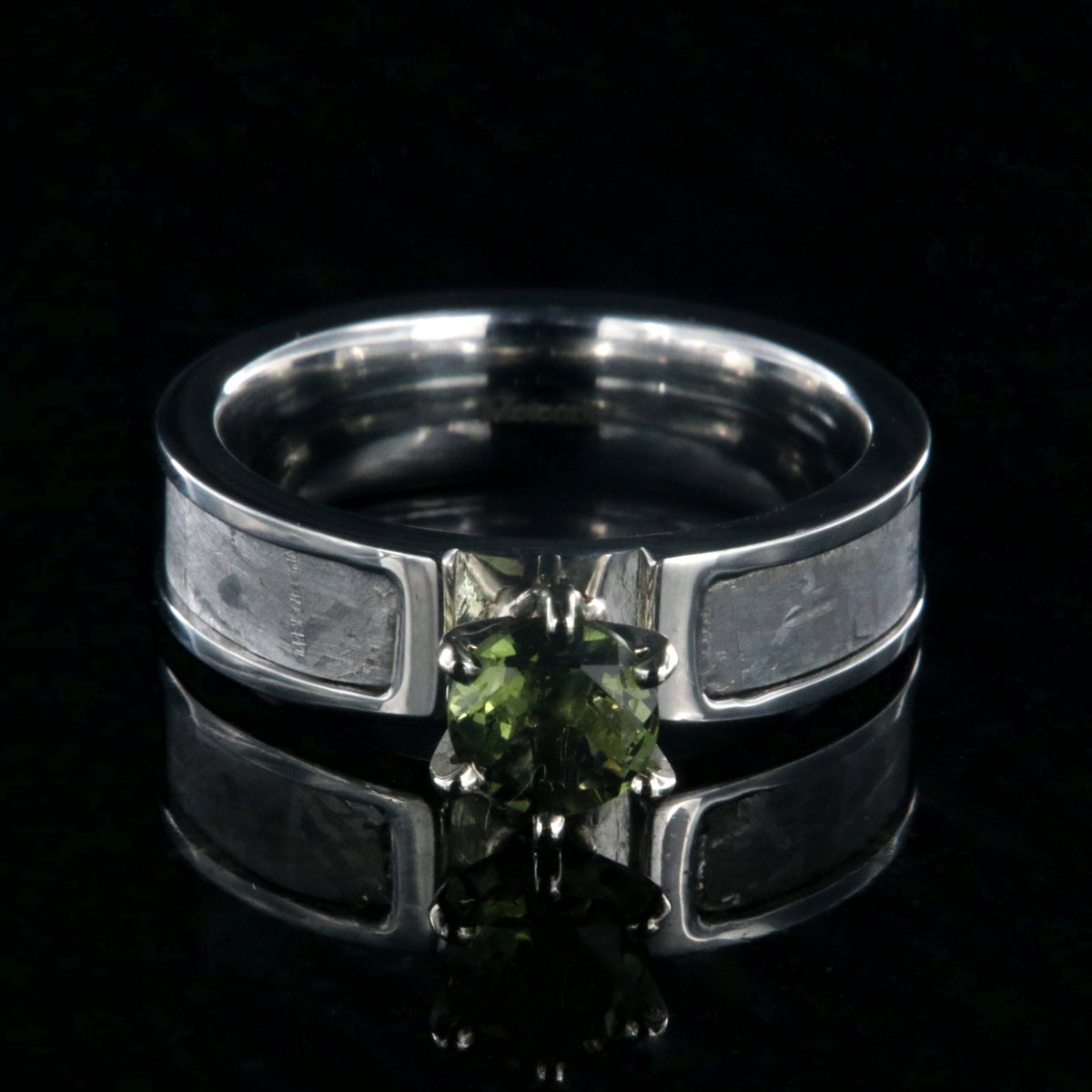 6mm wide women&#39;s meteorite engagement ring with green moldavite stone