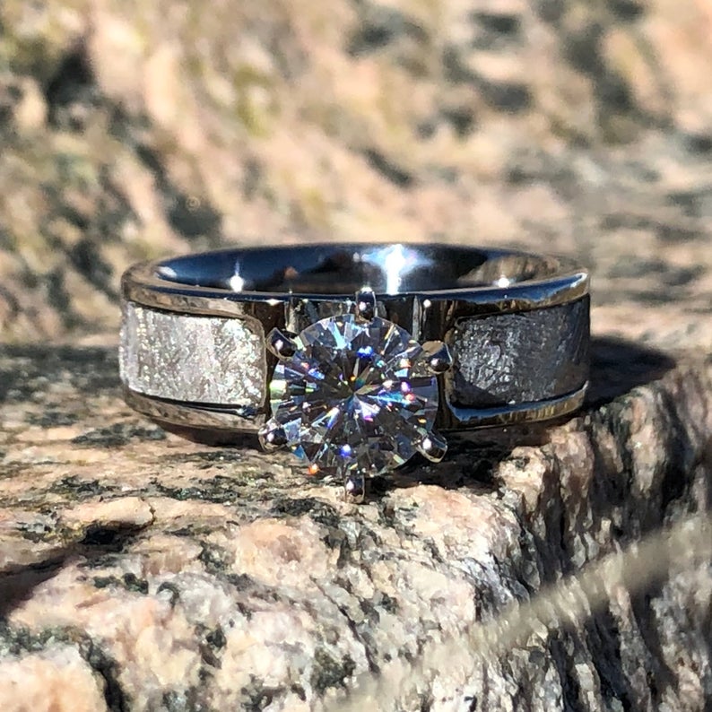 6mm wide women's engagement ring with Gibeon meteorite and round diamond