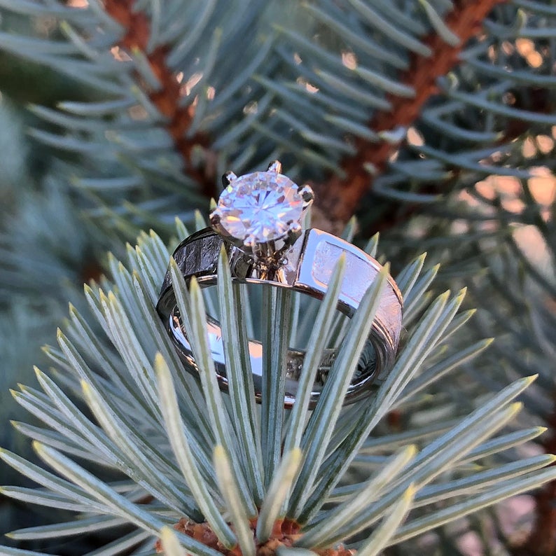 6mm wide women&#39;s engagement ring with Gibeon meteorite and round diamond sitting in a pine tree