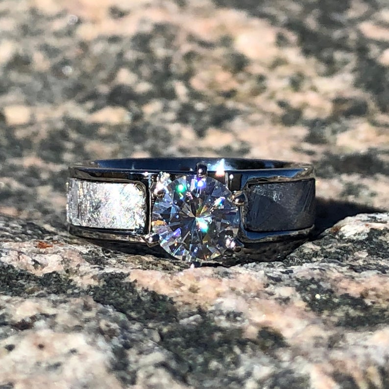 6mm wide women&#39;s engagement ring with Gibeon meteorite and round diamond