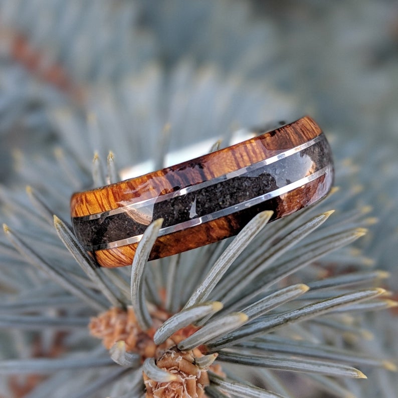 7mm wide cobalt wedding ring with Arizona ironwood edges and a centered black dinosaur bone inlay