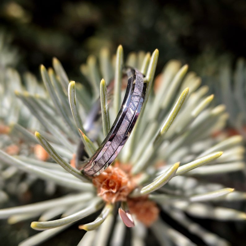 3mm wide women&#39;s meteorite ring with cobalt edges and sleeve