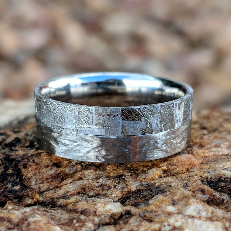 8mm wide meteorite wedding band with half of the ring covered in Gibeon meteorite and the other with a tree bark finish on the cobalt half