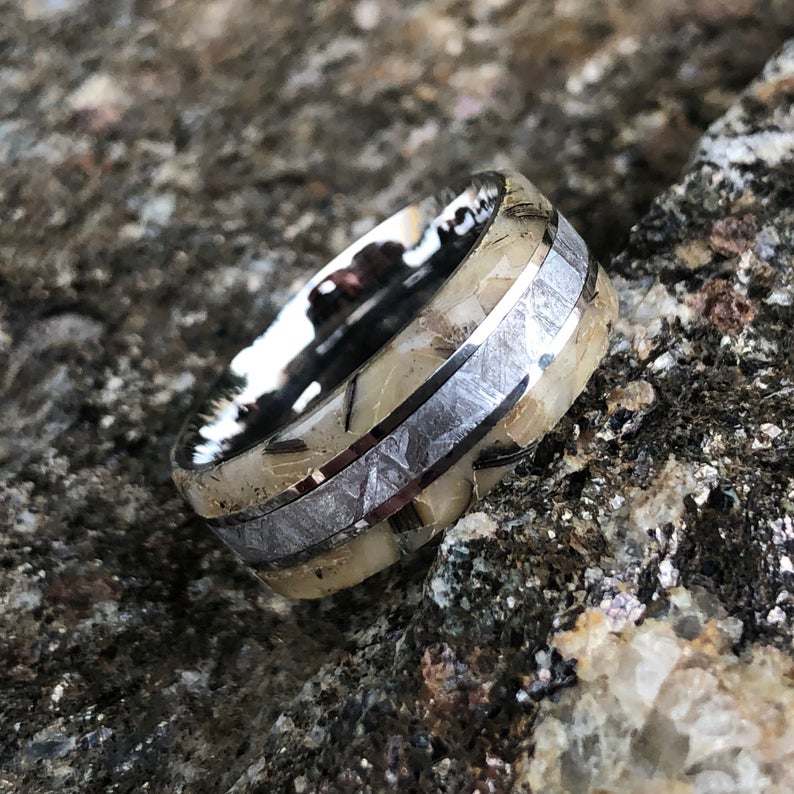 8mm wide cobalt wedding band with a Gibeon meteorite center inlay and off-white abalone shell edges
